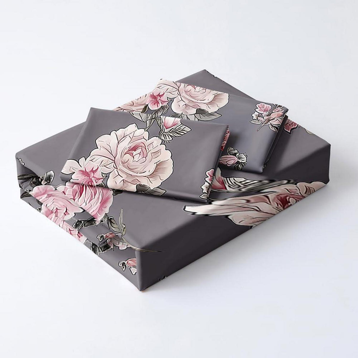 3D Rosen Bettwäsche Set 135x200cm - Floral Grau Rosa Vintage