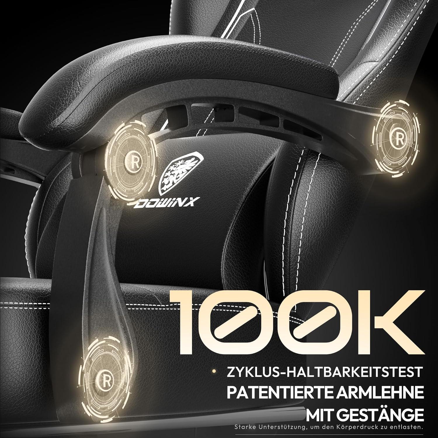 Dowinx Gaming Stuhl Racing Gamer Sessel mit Lendenwirbelstütze PU Leder Schwarz