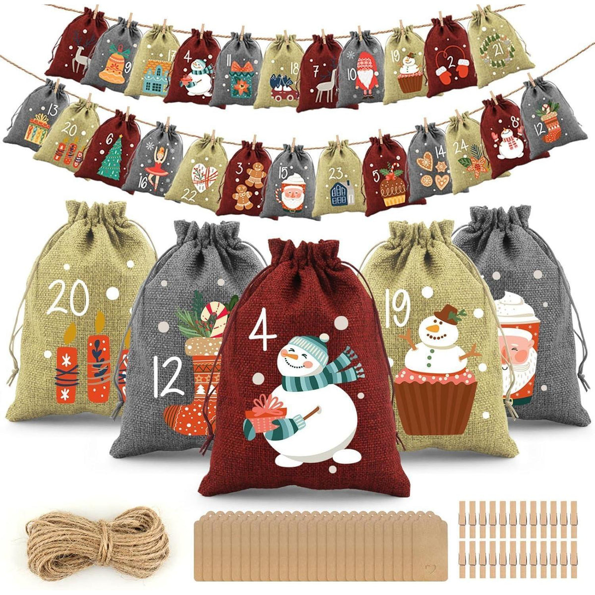 Adventskalender zum Befüllen, 24 Jutesäckchen mit Zahlen, DIY Weihnachtsdeko