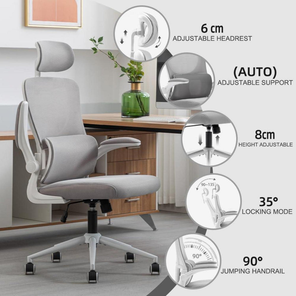 Ergonomischer Bürostuhl mit Kopfstütze und Lordosenstütze, atmungsaktiv, schaukelbar