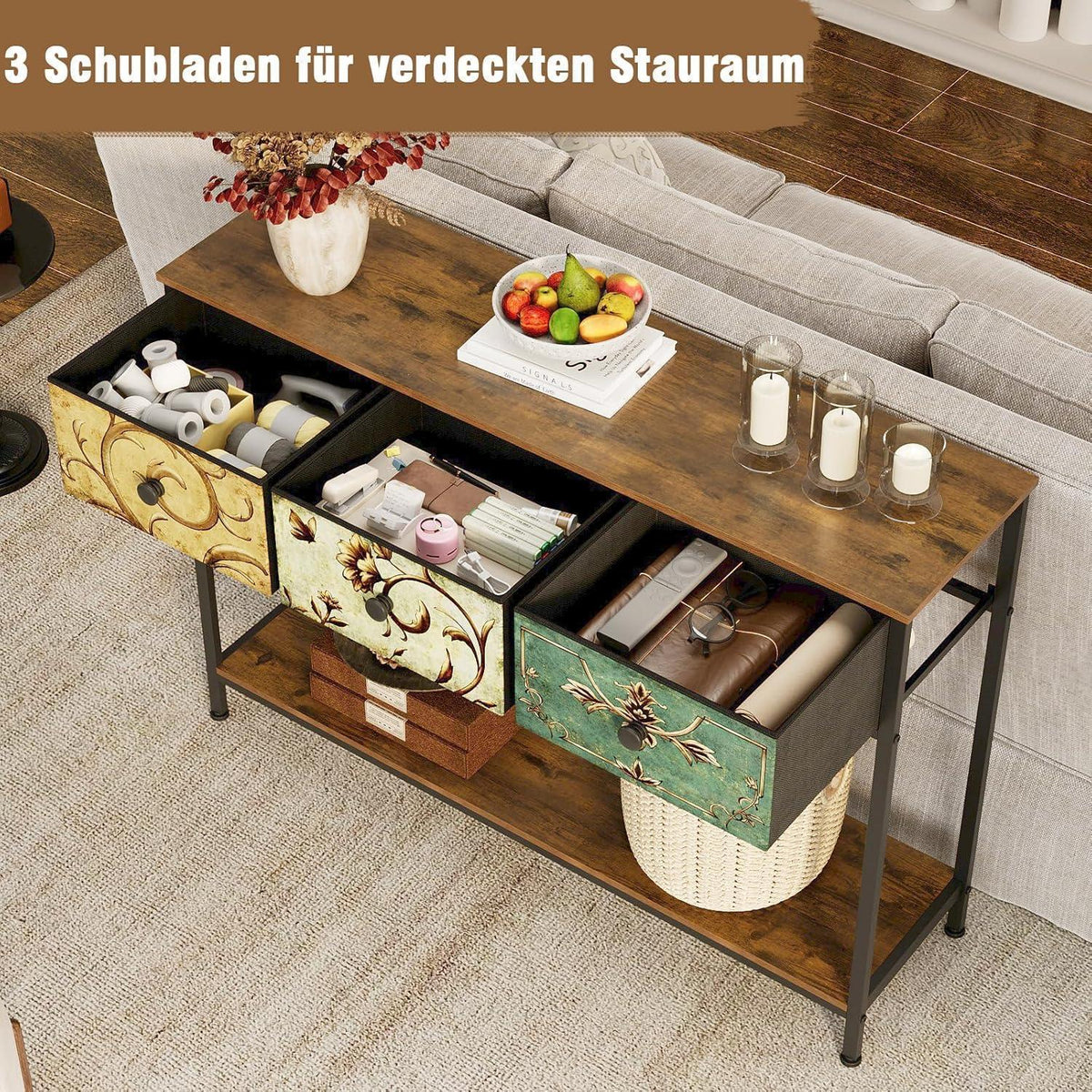 Vintage Konsolentisch mit 3 Stoffschubladen & Regalen