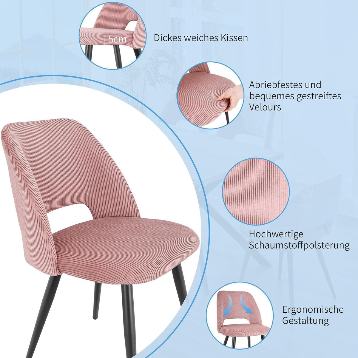 Esszimmerstühle 2er Set Samt Rosa – Modern & Komfortabel