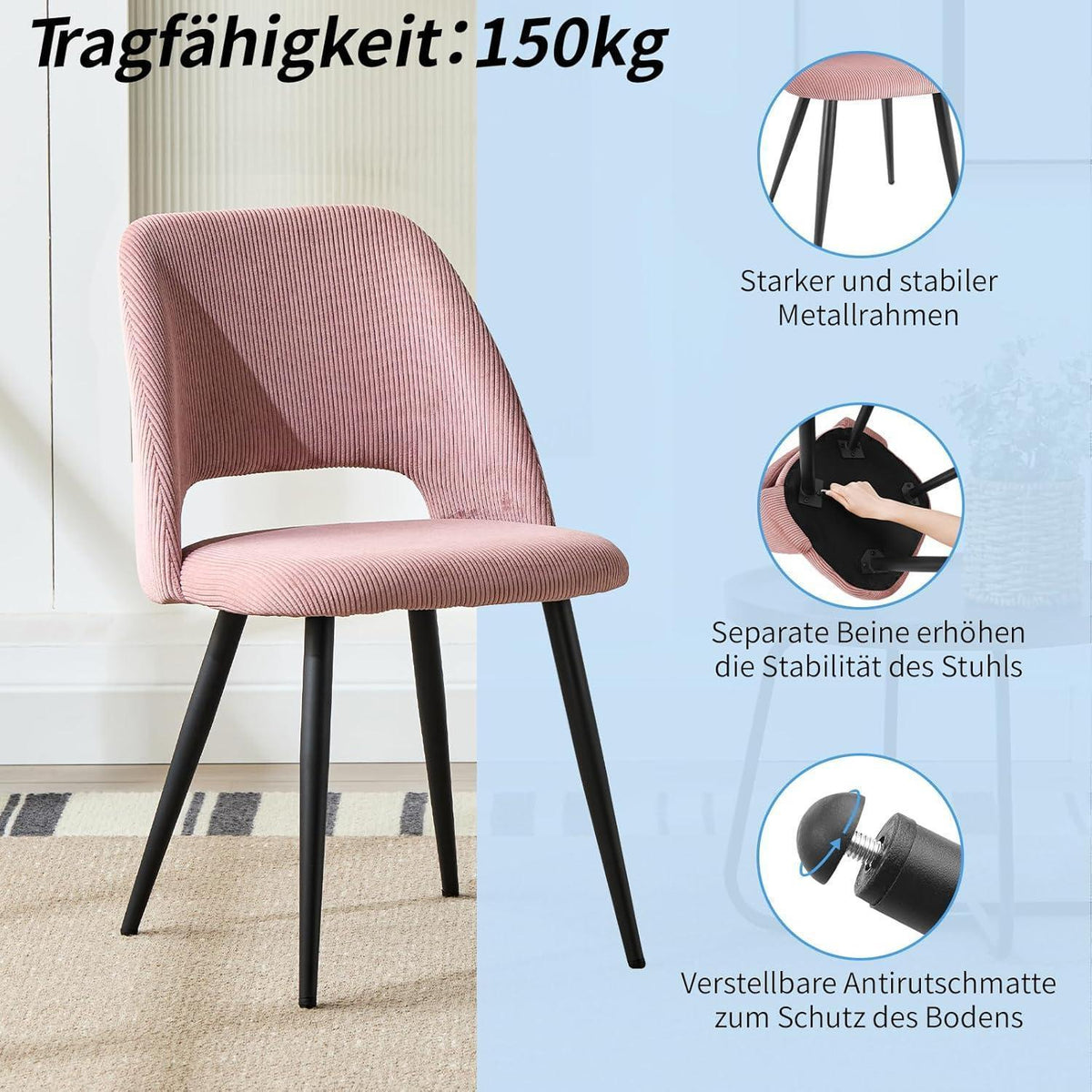 Esszimmerstühle 2er Set Samt Rosa – Modern & Komfortabel