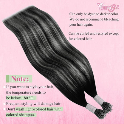 Echthaar Extensions Nanoring Ombre Schwarz Silber 50cm