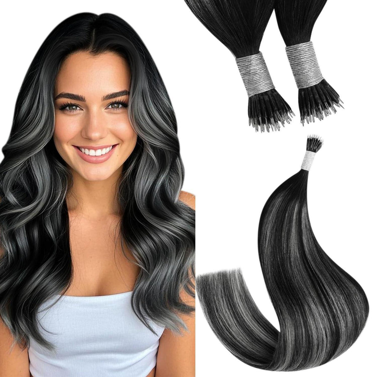 Echthaar Nanoring Extensions Ombre Schwarz Silber 45cm