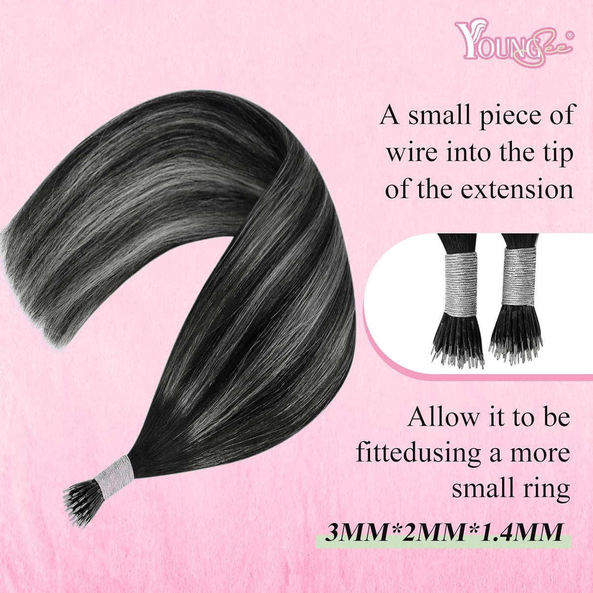 Echthaar Nanoring Extensions Ombre Schwarz Silber 45cm