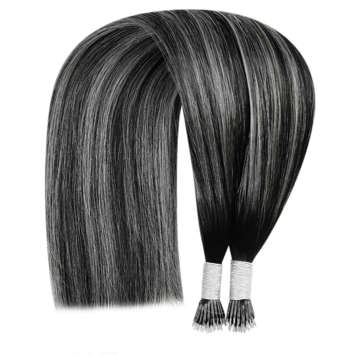 Echthaar Nanoring Extensions Ombre Schwarz Silber 45cm