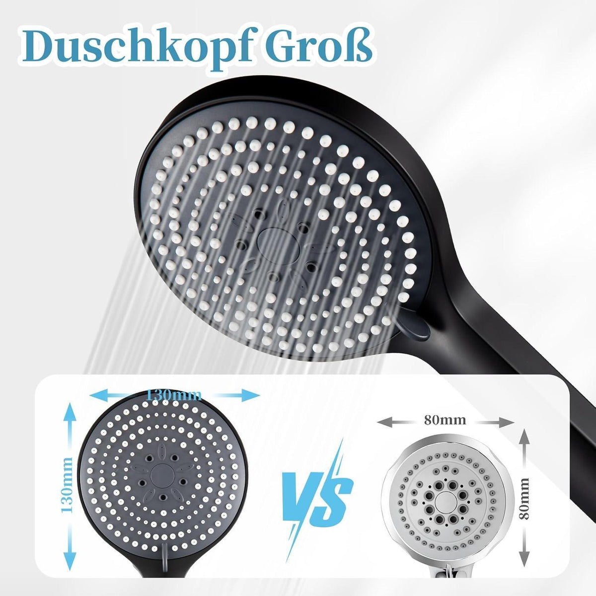 Duschkopf Schwarz 6 Strahlarten Wassersparend Ø130mm