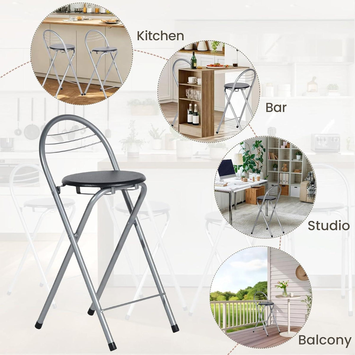 Klappbarer Barhocker 6er Set – Schwarz & Silber, Ohne Montage