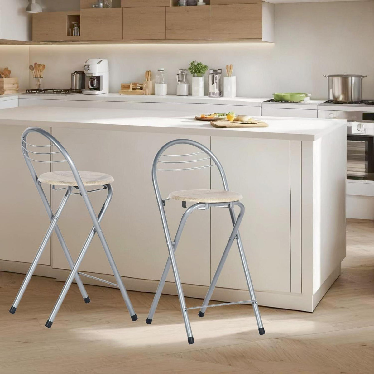Klappbarer Barhocker 4er-Set mit Lehne – Holzmaserung & Silber
