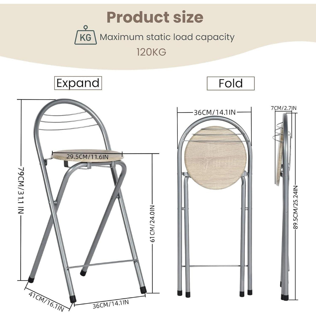 Klappbarer Barhocker 4er-Set mit Lehne – Holzmaserung & Silber