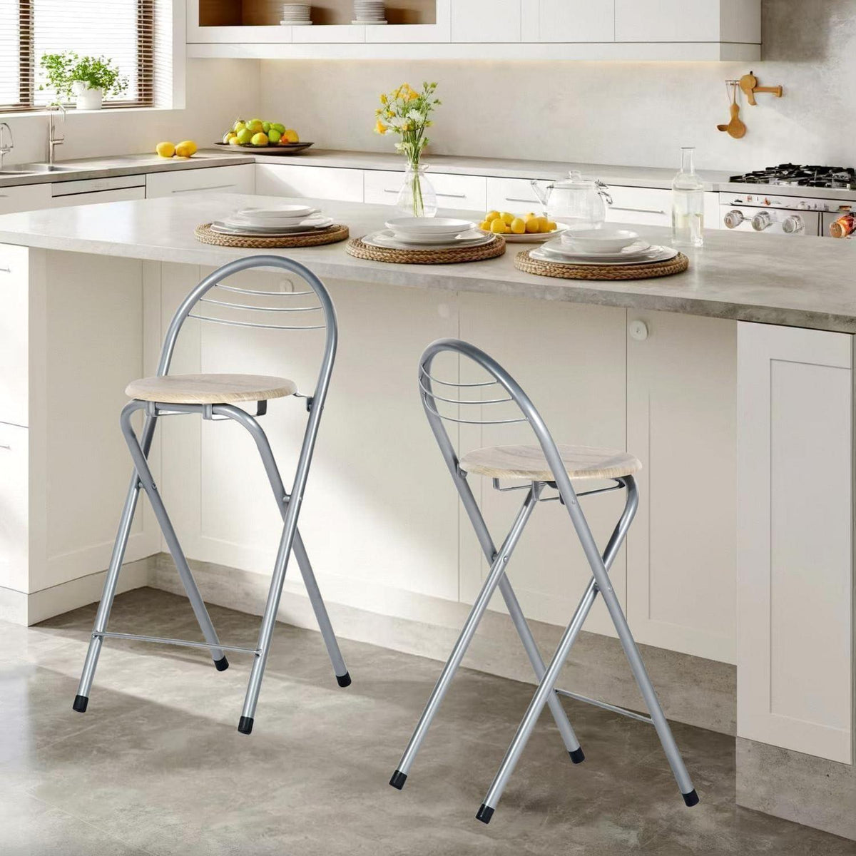 Klappbarer Barhocker 6er-Set – Holzmaserung & Silber, 61cm Sitzhöhe
