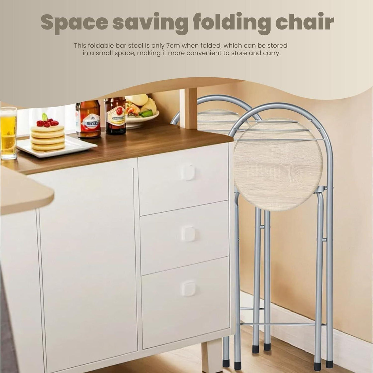 Klappbarer Barhocker 6er-Set – Holzmaserung & Silber, 61cm Sitzhöhe