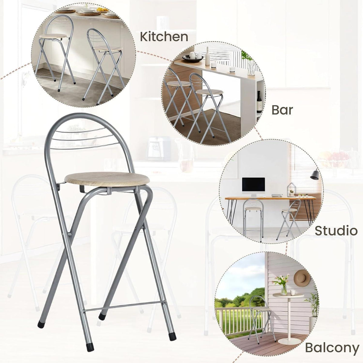 Klappbarer Barhocker 6er-Set – Holzmaserung & Silber, 61cm Sitzhöhe