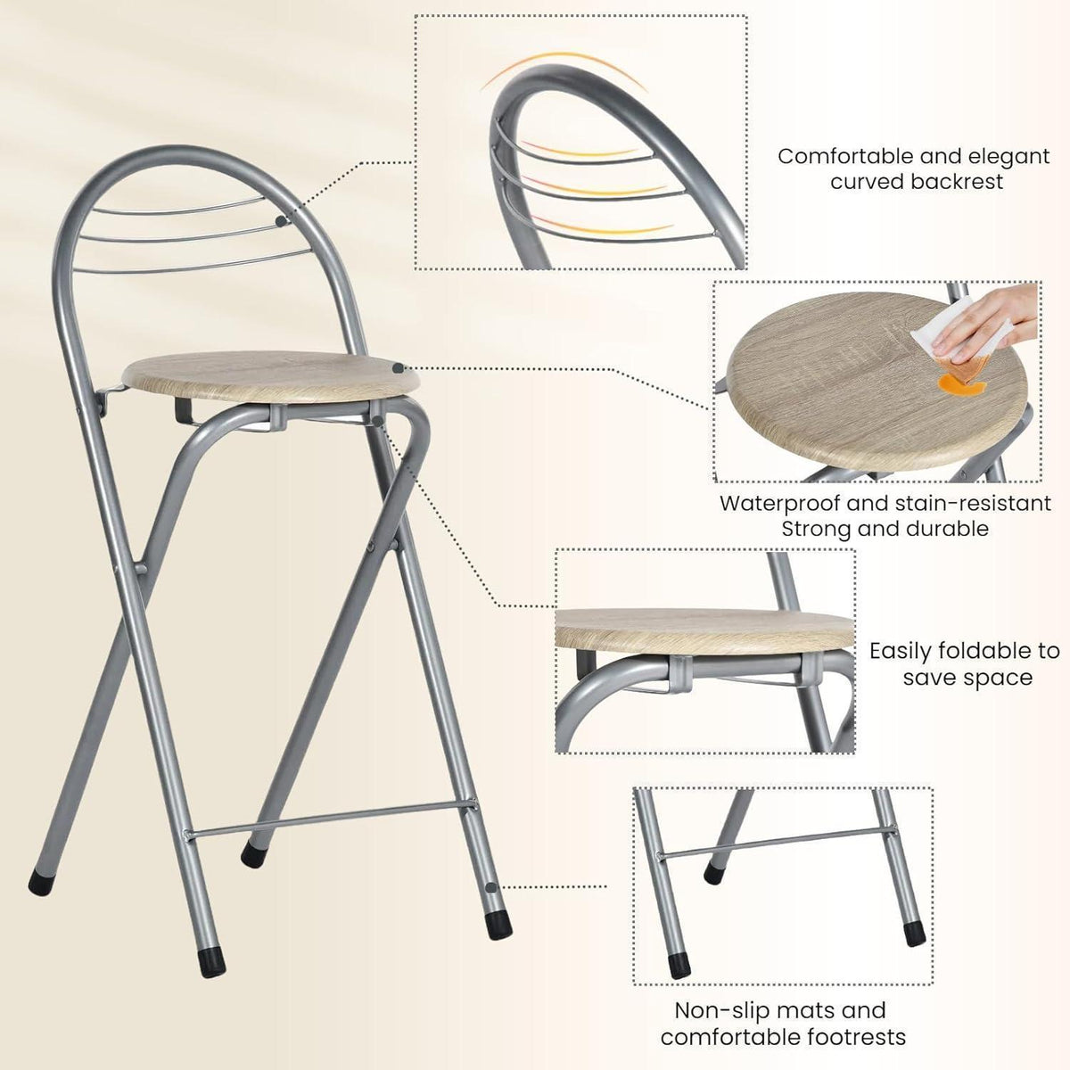Klappbarer Barhocker 2er-Set – Holzoptik & Silber, 61cm Sitzhöhe