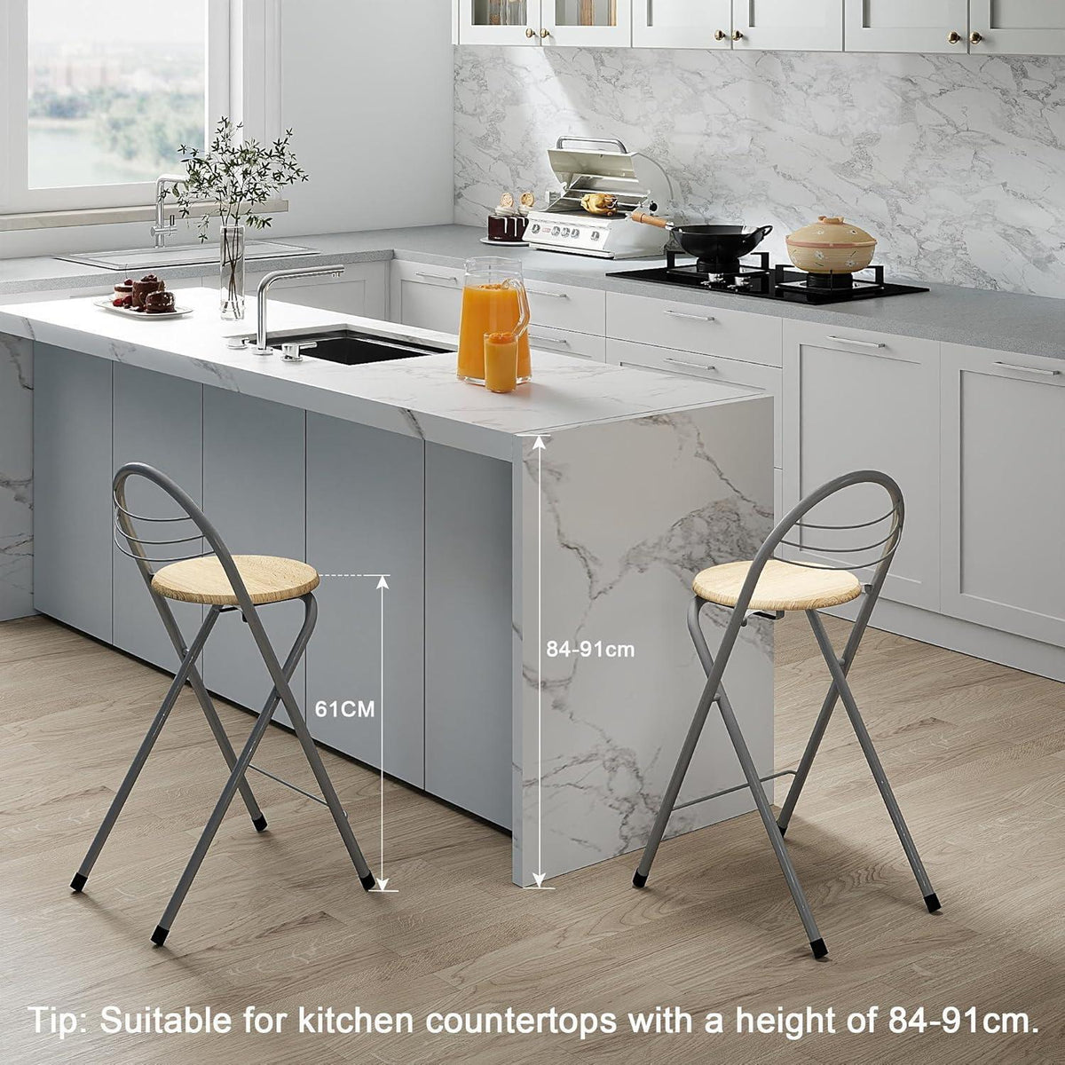 Klappbarer Barhocker 2er-Set – Holzoptik & Silber, 61cm Sitzhöhe