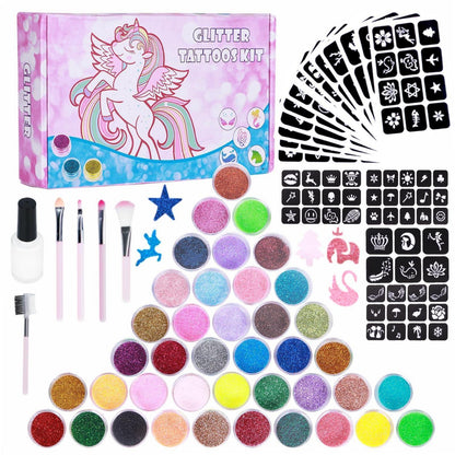 Glitzer Tattoo Set Kinder – 40 Farben & 147 Schablonen