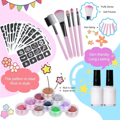 Glitzer Tattoo Set Kinder – 40 Farben & 147 Schablonen