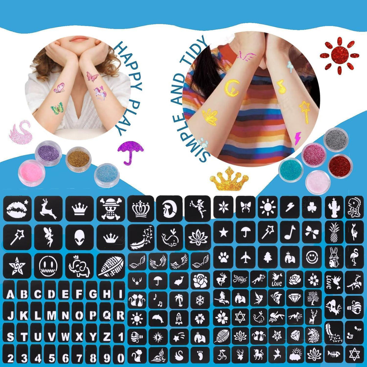 Glitzer Tattoo Set Kinder – 40 Farben & 147 Schablonen