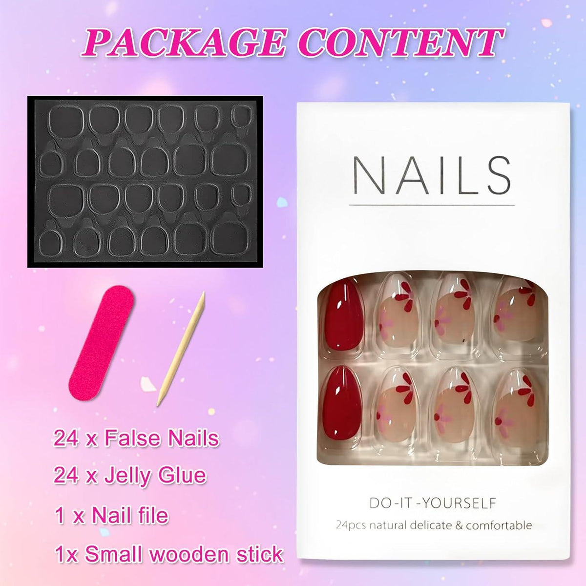 24 Stück Acryl Nägel Press on Nails Mandel Ballerina Rose Rot Blumen