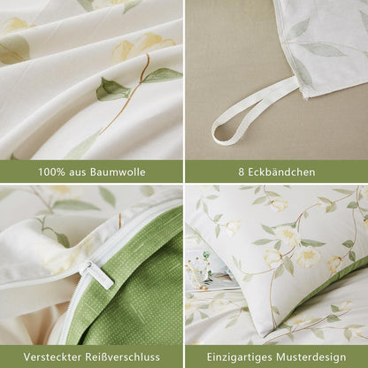Baumwoll Bettwäsche Set 200x220 Weiß Grün Blumen 3tlg.