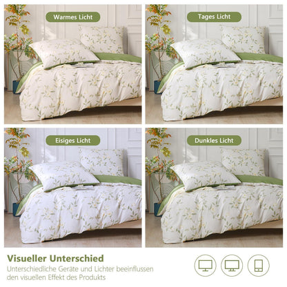 Baumwoll Bettwäsche Set 200x220 Weiß Grün Blumen 3tlg.