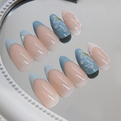 Ceboic 24 Stück Blue French Nägel Mandel Mittellang Ballerina Glossy