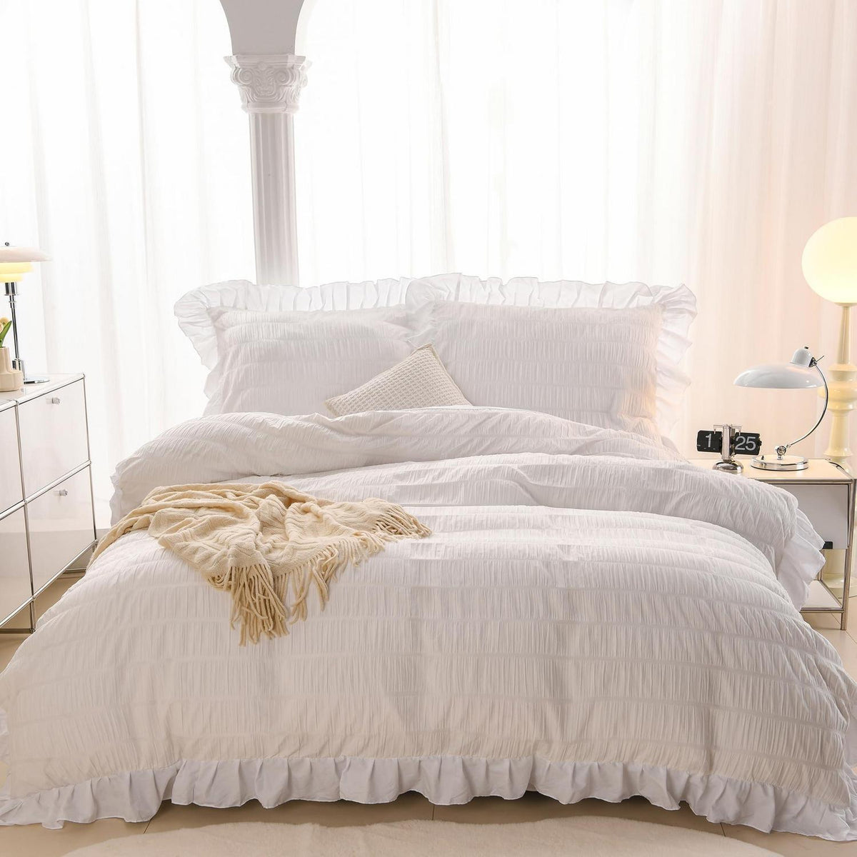 Romantische Rüschen Bettwäsche Set 135x200 Weiß Seersucker