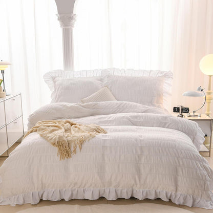 Romantische Rüschen Bettwäsche Set 135x200 Weiß Seersucker