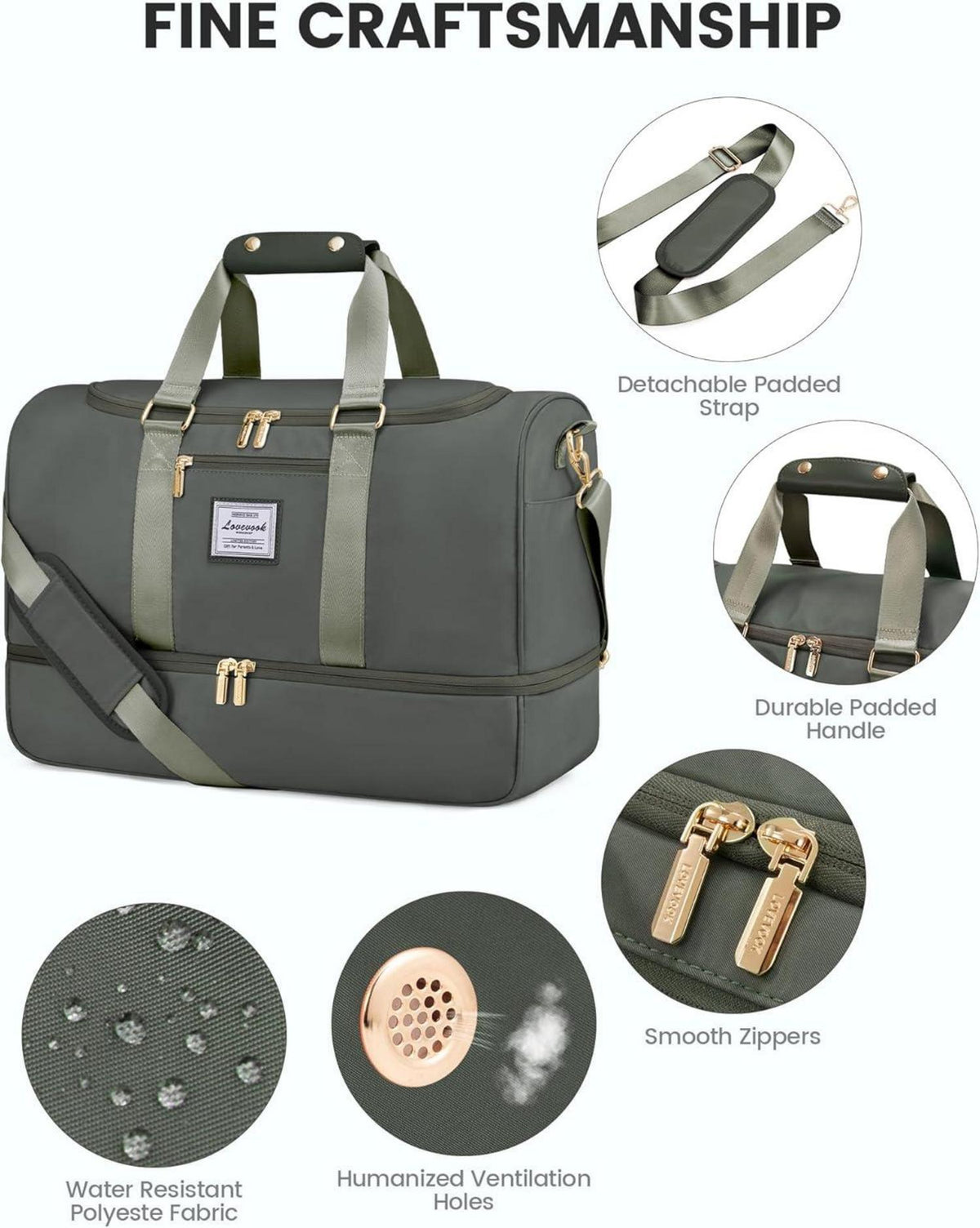 LOVEVOOK Sporttasche Damen Weekender Reisetasche, Grün, wasserdicht, mit Schuh- & Nassfach