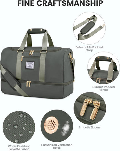 LOVEVOOK Sporttasche Damen Weekender Reisetasche, Grün, wasserdicht, mit Schuh- & Nassfach