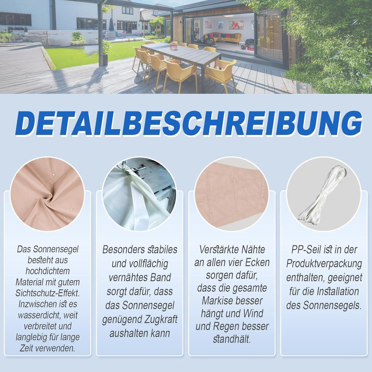 Wasserdichtes Sonnensegel 3.5x5m Taupe mit UV-Schutz