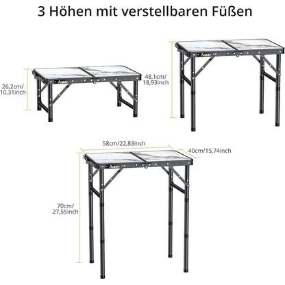 Klapptisch Aluminium 58x40cm, 3 Höhen, Aufbewahrungsnetz, Marmor Weiß