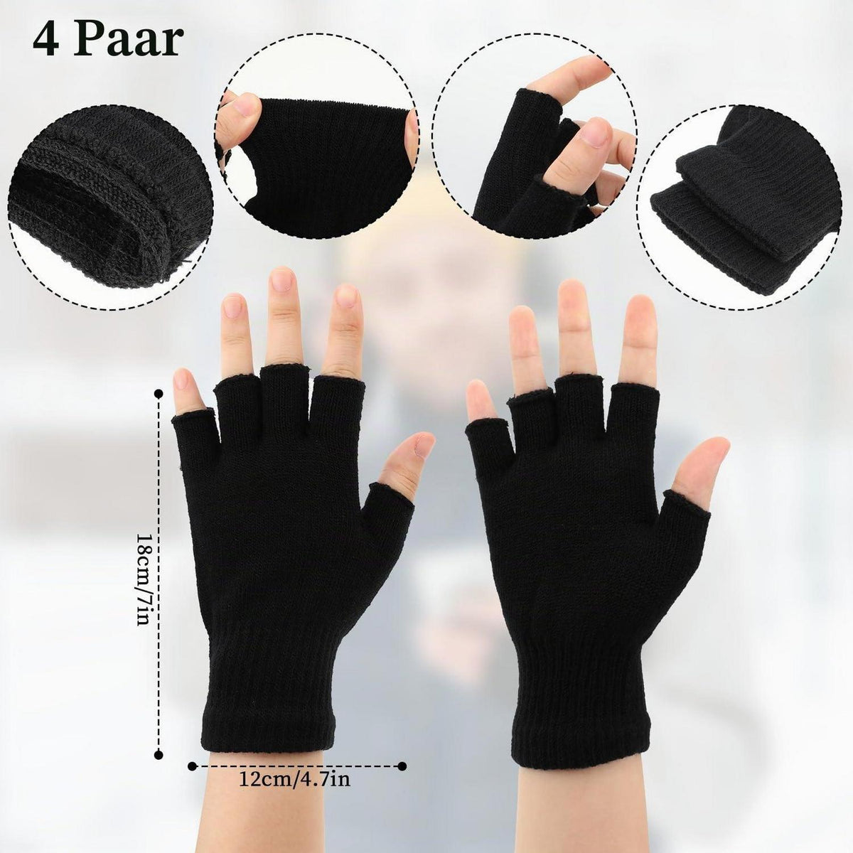 Fingerlose Handschuhe Baumwollstrick 4 Paar Unisex Schwarz