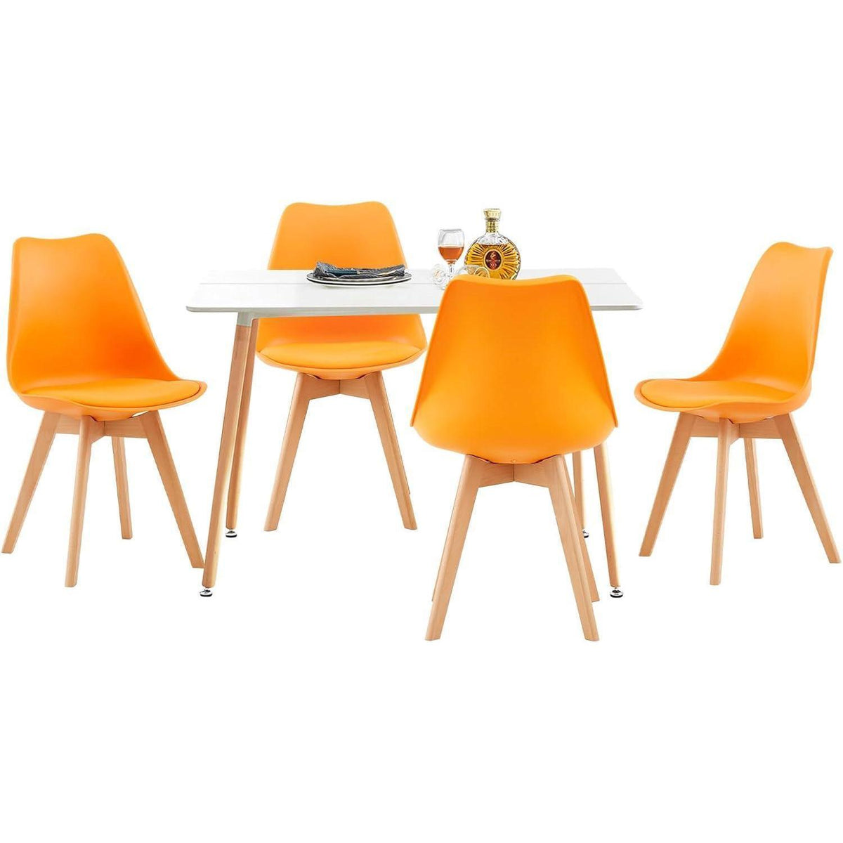Esszimmergruppe Weißer Tisch mit 4 Orange Stühlen
