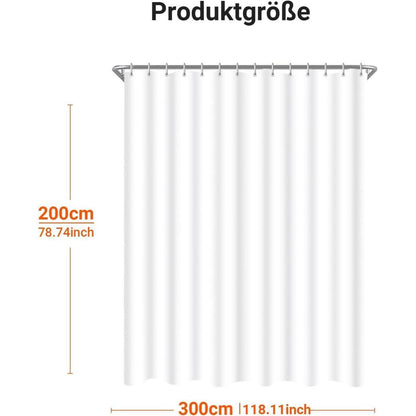 Duschvorhang 300x200cm Reinweiß mit Haken & Antischimmel Beschichtung