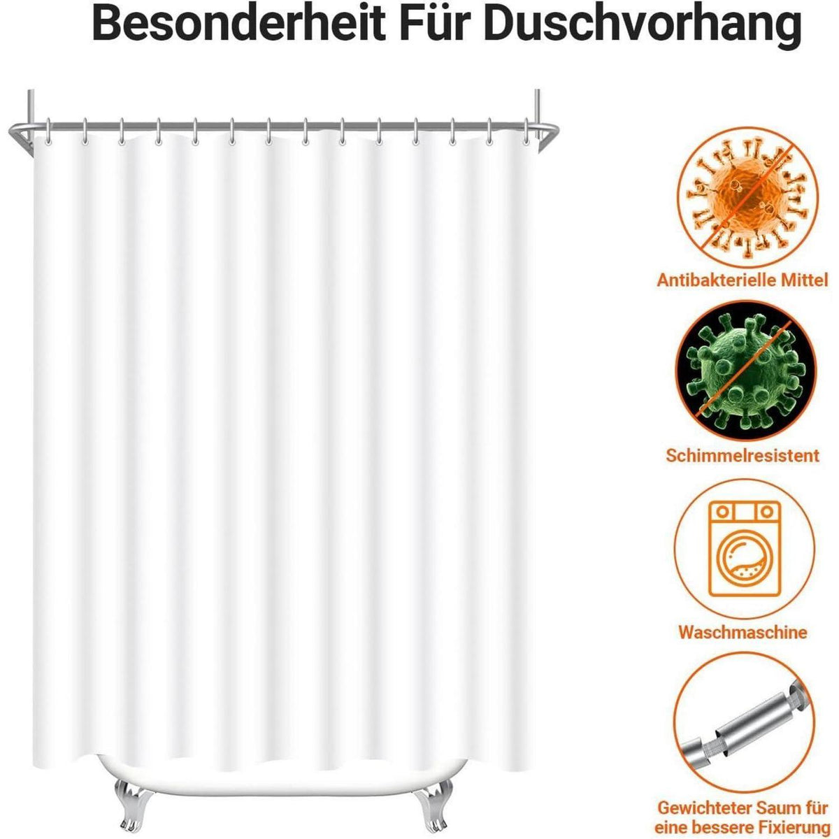 Duschvorhang 300x200cm Reinweiß mit Haken & Antischimmel Beschichtung
