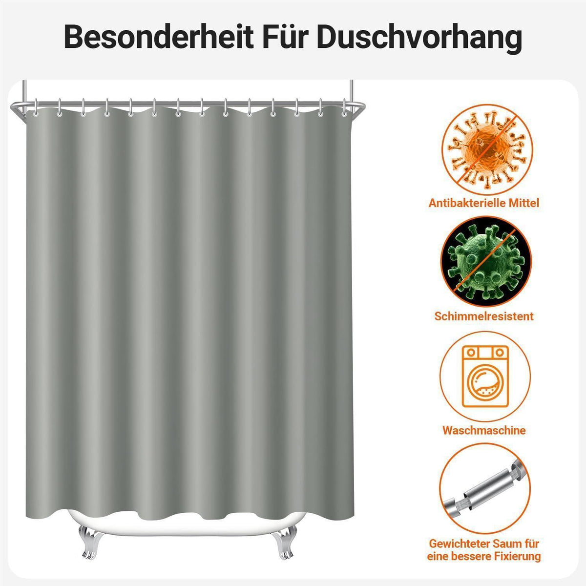 Duschvorhang Grau 160x160cm Beschwerter Saum Antischimmel Wasserabweisend