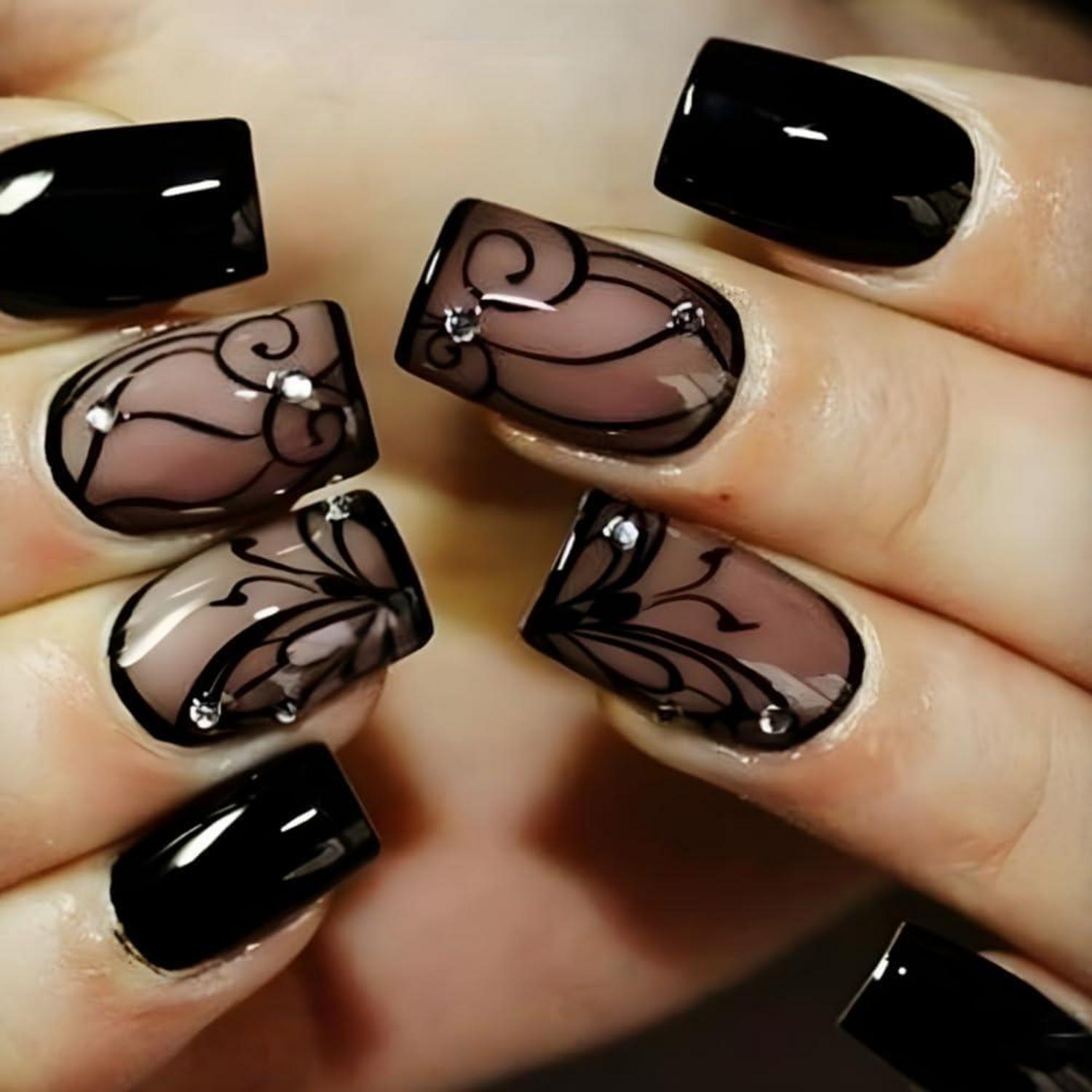 Schwarz Schmetterling Press on Nägel 24 Stück Glossy Fake Nails