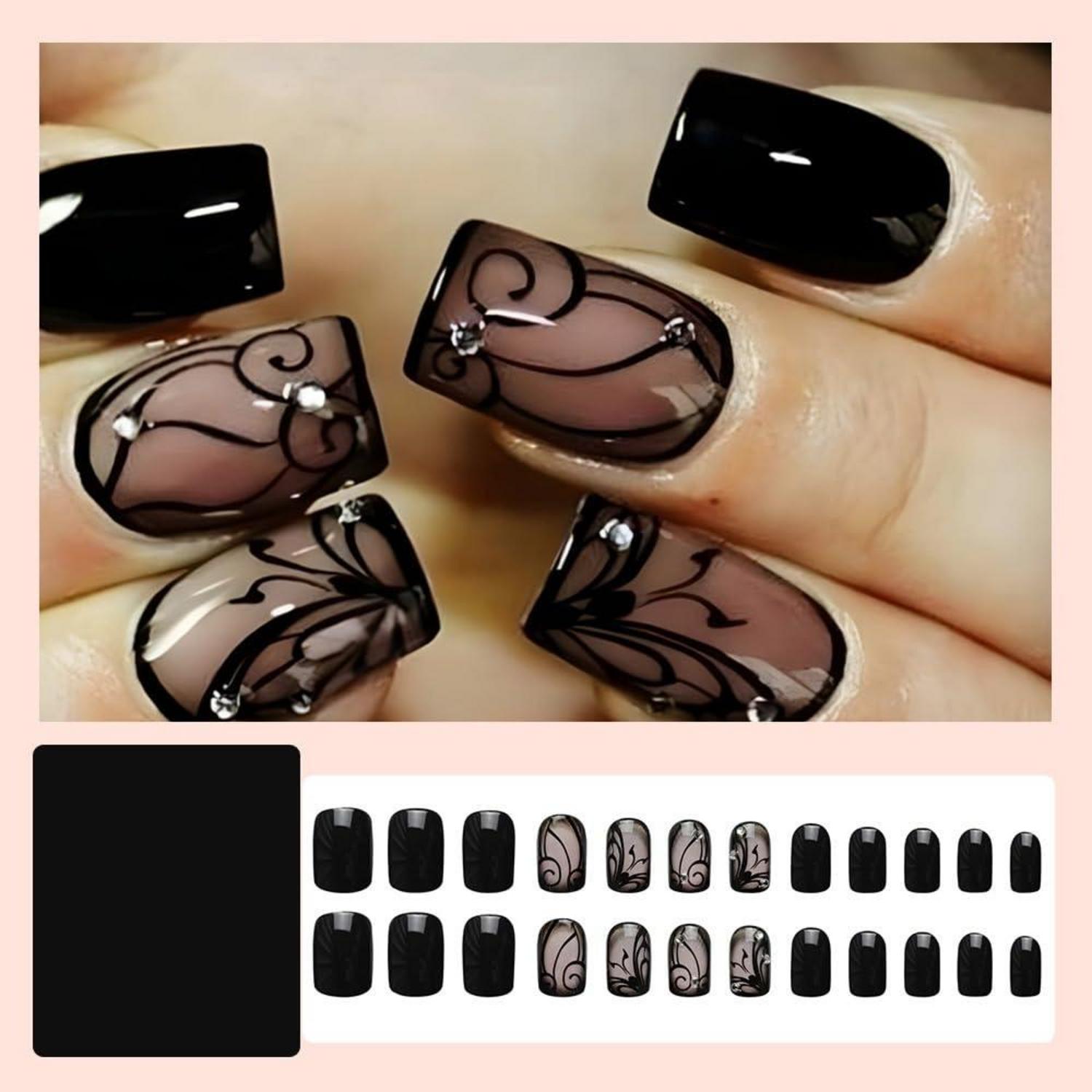 24 Stück Schwarz Schmetterling Nägel Press on Fake Nails Mittel Fingernägel