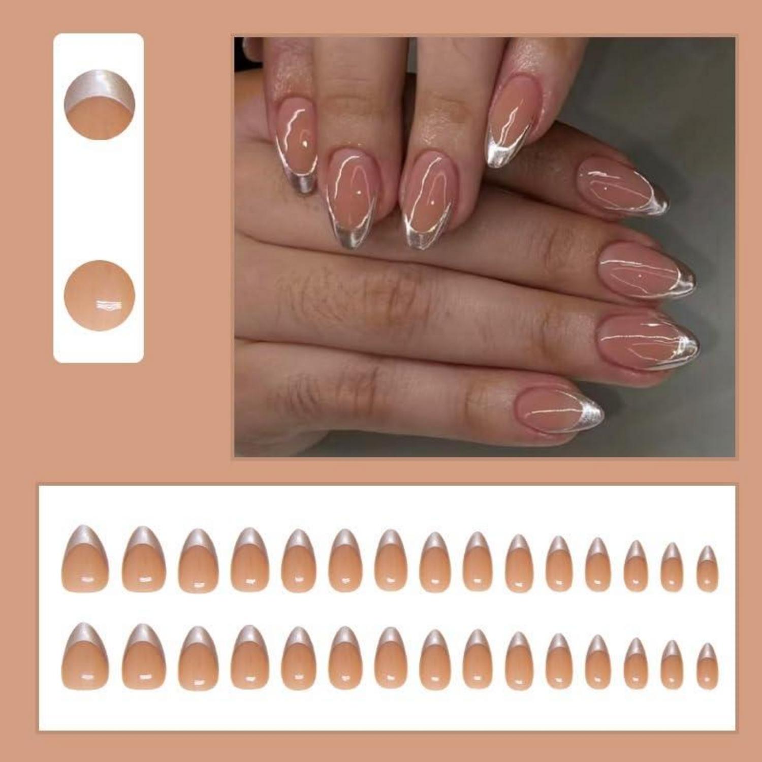 24x Goldene Kunstnägel Aufkleben Kurz Mandel Oval Mittel French Frauen