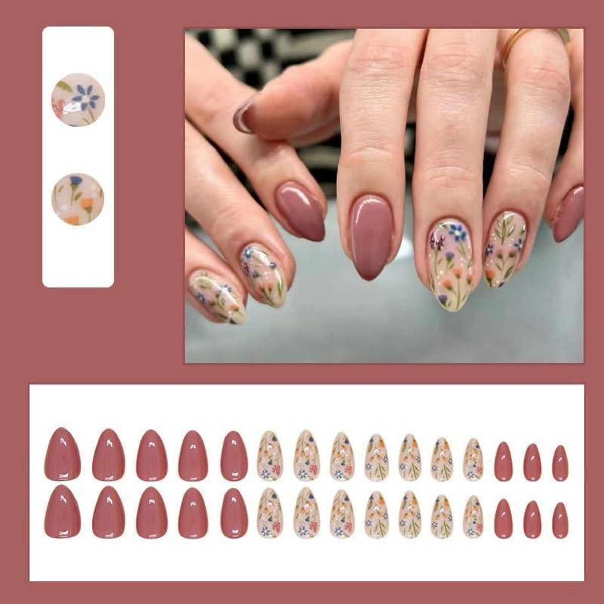 Coffee Pink Nägel Zum Aufkleben – Kurze Mandel Nägel mit Blumenmuster