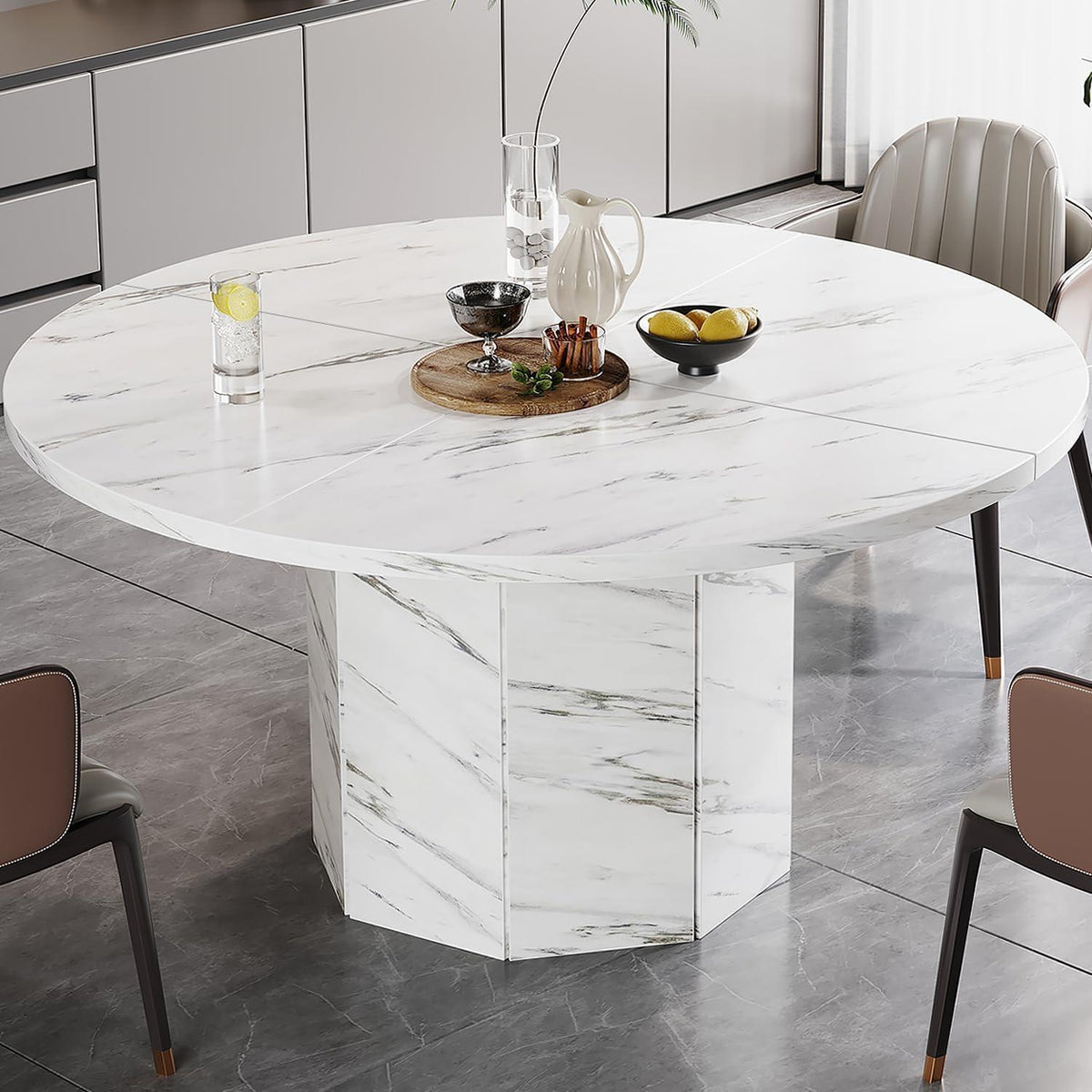 Runder Esstisch Weiß 120cm | Küchentisch Holz Marmor Optik Modern