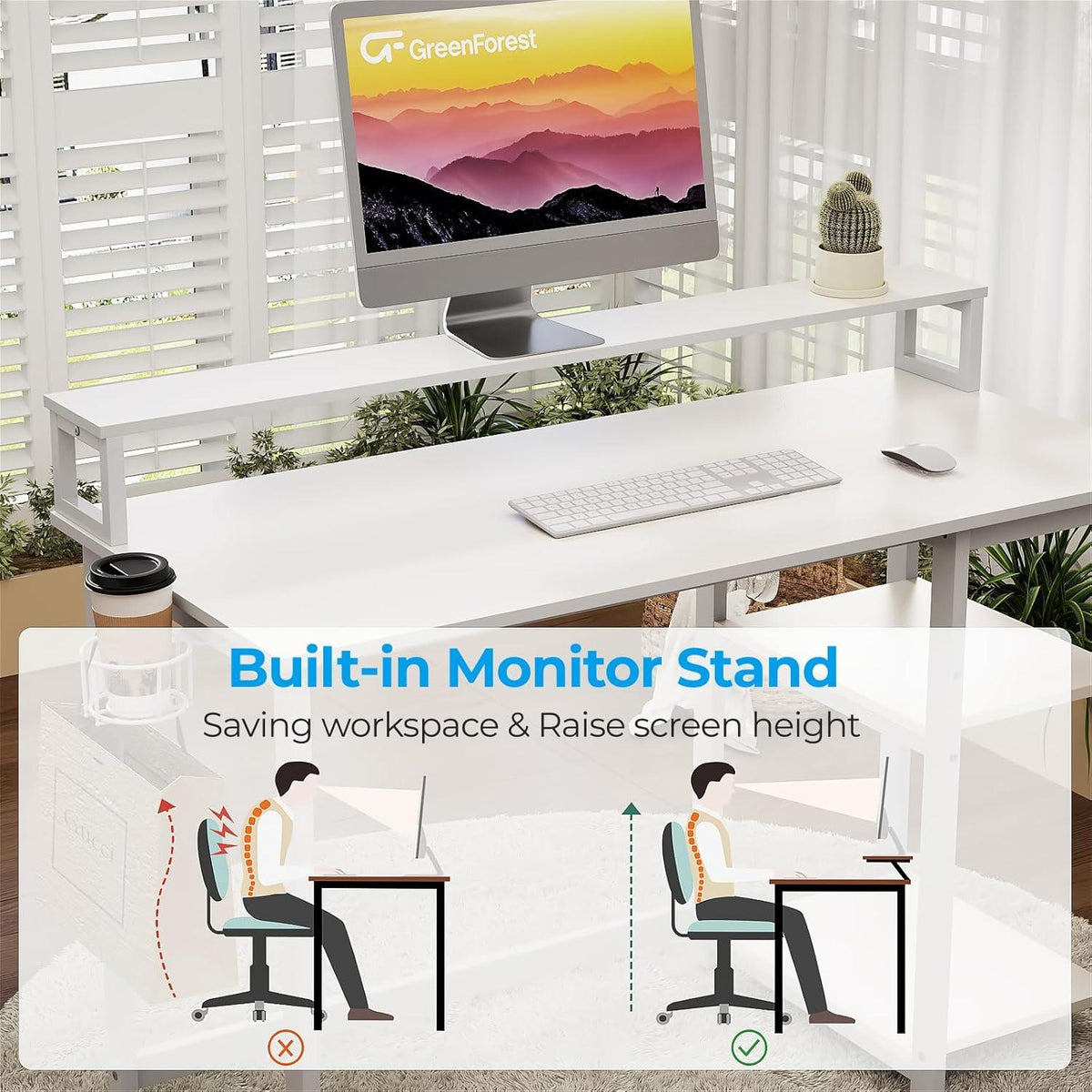 Weißer Schreibtisch 120 x 55 cm mit Regal, Monitorständer, Home Office