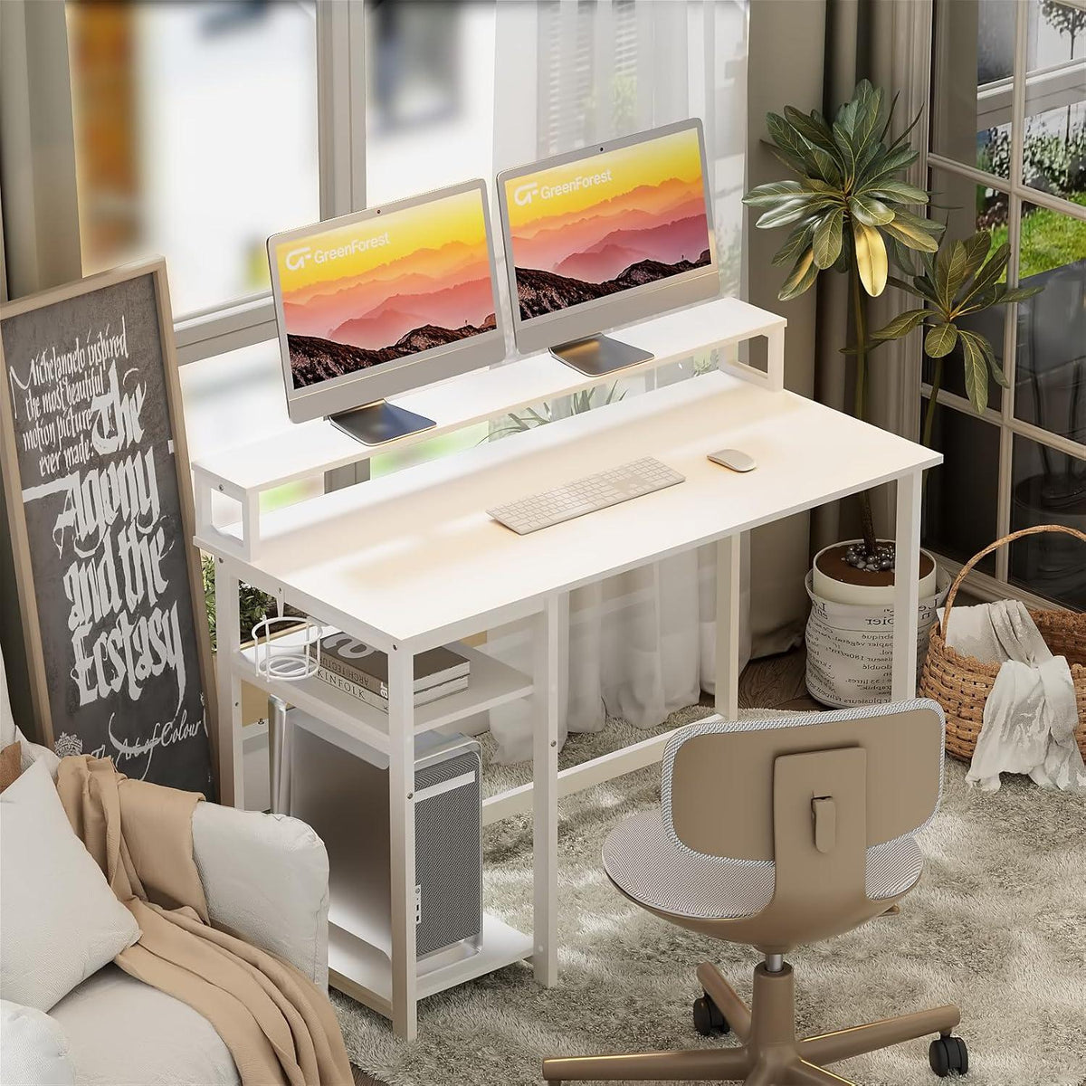 Weißer Schreibtisch mit Regal, Monitorständer 120x55cm