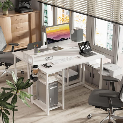 Weißer Schreibtisch 120 x 55 cm mit Regal, Monitorständer, Home Office