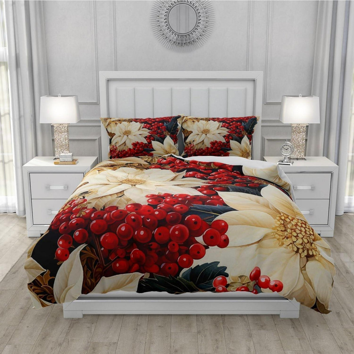 Blumen Bettwäsche Set 135x200 - Weiß Rot Floral Mikrofaser