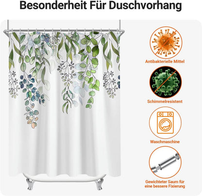 Duschvorhang 260x200cm Grün Blätter Antischimmel Textil Saum Wasserabweisend