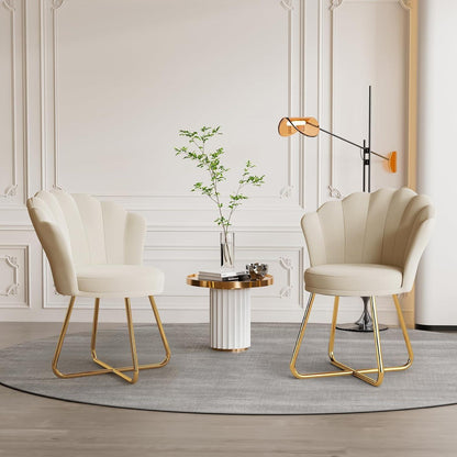 Polstersessel 2er Set mit Blütenblatt-Lehne, Samt, Goldbeine, Beige