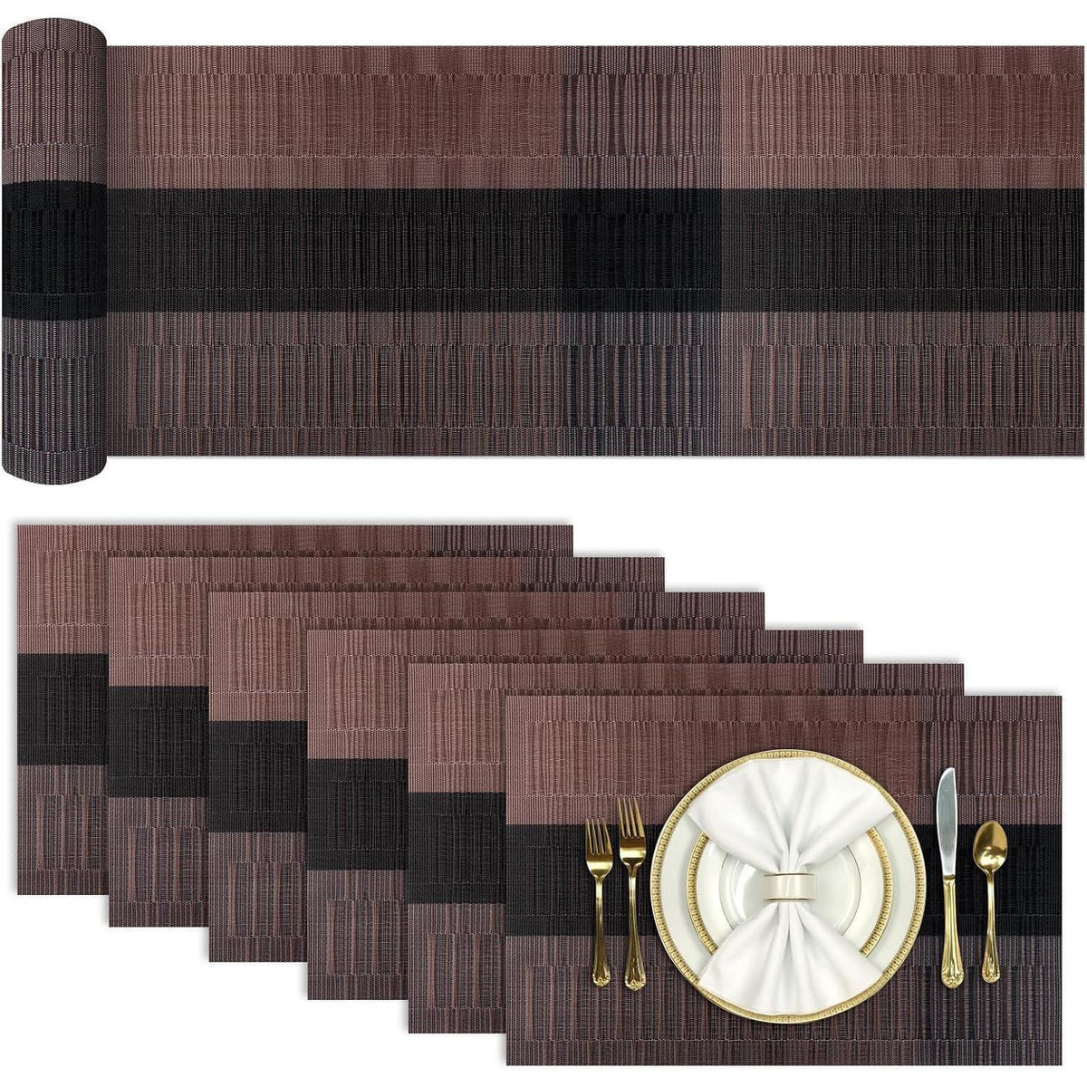 Tischläufer und Platzsets 7er Set Bambus-braun abwaschbar